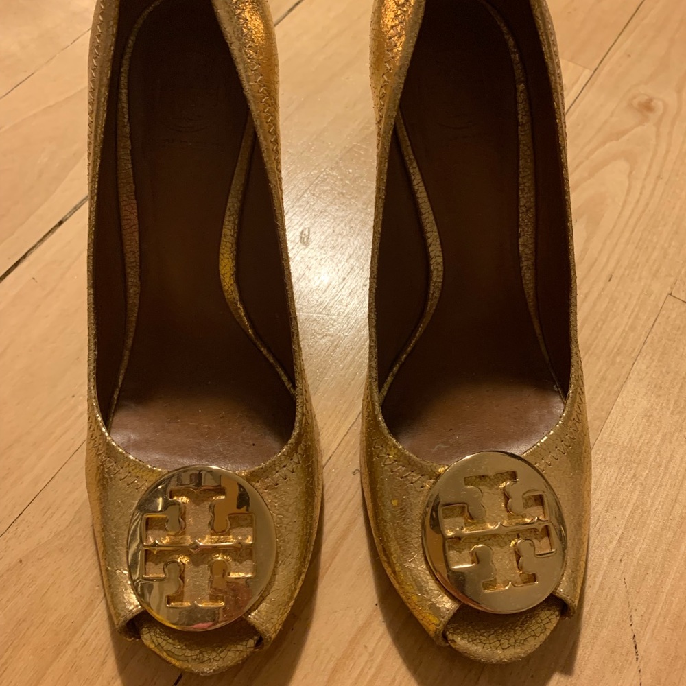 Tory Burch gold wedges